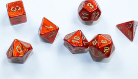 A collection of Mini Scarab RPG dice in scarlet and gold by Chessex. The set includes various shapes: d4, d6, d8, d10, d12, and d20, each featuring intricate gold numbering that stands out against the glossy red surface, perfect for tabletop RPG enthusiasts.