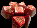 A set of Mini Scarab RPG dice in a vibrant scarlet color with shimmering gold numbers. The dice include various shapes typical for role-playing games, showcasing their intricate design and glossy finish.