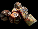 A set of Mini Lustrous RPG dice in gold and silver colors, showcasing various polyhedral shapes, including d4, d6, d8, d10, d12, and d20. The dice have a shimmering finish with engraved numbers, perfect for tabletop gaming and RPG enthusiasts.