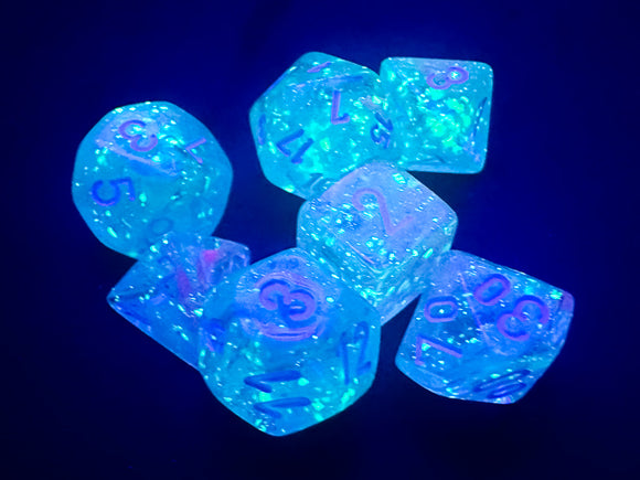 A vibrant collection of Mini Nebula RPG dice in Wisteria and White colors, featuring a unique translucent design with swirling patterns and luminous glow. The set includes various polyhedral shapes, showcasing numbers in a striking pink hue against a sparkling background. Ideal for tabletop gaming enthusiasts, these dice add a magical touch to any RPG session.