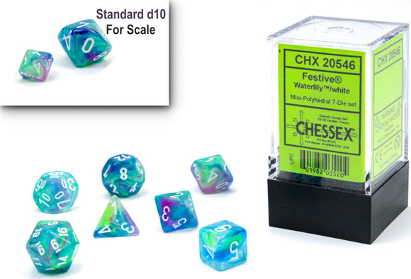 A vibrant set of Festive mini polyhedral dice by Chessex, featuring a waterlily and white design. Includes seven assorted dice shaped for tabletop games, with a standard d10 shown for scale. Perfect for RPGs and gaming enthusiasts.