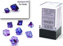 Chessex Nebula mini poly nocturn blue dice set, featuring a 7-die collection in vibrant shades of purple and blue with intricate patterns, presented in a clear box with a standard d10 die for scale.