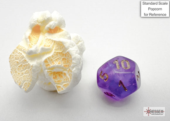 A purple and gold ten-sided die from Chessex, displayed next to a piece of popcorn for scale. The die features numbers in a clear, readable font and showcases a vibrant, shimmering finish. Perfect for tabletop games and RPGs.