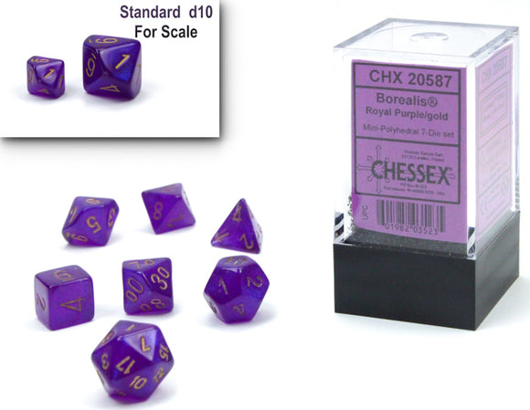 A Mini Borealis Royal Purple and Gold 7-piece polyhedral dice set from Chessex. The dice are displayed in a transparent box, showcasing their vibrant royal purple color with gold numbering. A standard d10 dice is shown for scale on the top left.