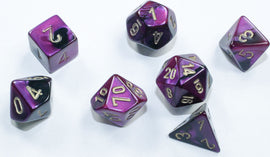 A set of seven Mini Gemini RPG dice in black, purple, and gold colors. The polyhedral dice include d4, d6, d8, d10, d12, d20, and a d00 with engraved numbers for gaming.