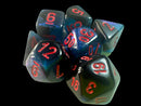 A set of Mini Gemini RPG dice in Black-Starlight, featuring multiple polyhedral shapes with shimmering black and starlight colors. Each die is marked with bright red numbers, providing a striking contrast against the dark surface. Ideal for tabletop gaming enthusiasts looking to enhance their role-playing experience.