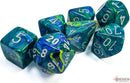 Set of six polyhedral dice in a mix of green and blue colors with silver numbers. The dice include various shapes such as d4, d6, d8, d10, d12, and d20, showcasing a colorful swirl pattern.