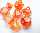 A vibrant 7-piece dice set from Chessex featuring Borealis Blood Orange and White colors. The set includes various shapes such as d4, d6, d8, d10, d12, and d20, showcasing shimmering orange hues with white numbering, perfect for tabletop games.