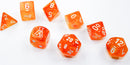 A vibrant 7-piece dice set featuring Borealis Blood Orange and white colors. The set includes different polyhedral dice, each displaying clear numbers. Ideal for tabletop games and role-playing adventures.