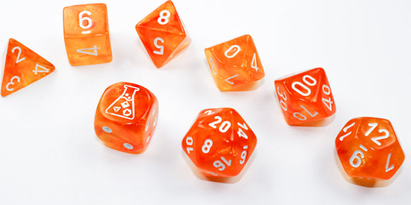 A vibrant 7-piece dice set featuring Borealis Blood Orange and white colors. The set includes different polyhedral dice, each displaying clear numbers. Ideal for tabletop games and role-playing adventures.