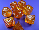 A vibrant 7-piece dice set featuring orange and white luminary design, each die displaying clear numbers and a unique aesthetic. Perfect for tabletop gaming.