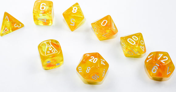 A colorful set of polyhedral dice featuring a Borealis effect in shades of canary yellow and white. The set includes various shapes such as tetrahedron, cube, octahedron, and dodecahedron, each with clear numbers in white. Perfect for tabletop gaming and role-playing.