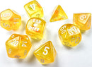 A polyhedral dice set featuring canary yellow and white luminary colors. The set includes various shapes, such as d4, d6, d8, d10, d12, and d20, with clear numbers. The 'LAB DICE' brand is prominent on one die, adding a unique touch to this gaming accessory.