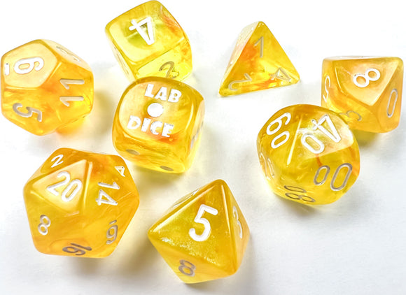A polyhedral dice set featuring canary yellow and white luminary colors. The set includes various shapes, such as d4, d6, d8, d10, d12, and d20, with clear numbers. The 'LAB DICE' brand is prominent on one die, adding a unique touch to this gaming accessory.