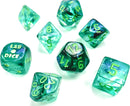 A vibrant 7-piece dice set in Borealis Kelp and light green colors by Chessex. The set includes various polyhedral dice with clear resin and luminous numbers, perfect for tabletop gaming.