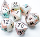 A stunning 7-piece set of LAB DICE in Lustrous Sea Shell and Black Luminary colors. The dice feature a glossy finish with black numbering and a charming flask illustration on one die. Ideal for tabletop gaming enthusiasts, these colorful polyhedral dice are perfect for adding flair to any game night.