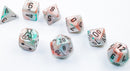 A 7-piece dice set by Chessex featuring lustrous sea shell and black luminary colors. The set includes various polyhedral dice such as a d4, d6, d8, d10, d12, and d20, with clear markings for easy gameplay. The translucent material reflects light beautifully, enhancing any tabletop game experience.