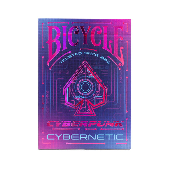A vibrant Bicycle playing card deck titled 'Cyberpunk Cybernetic'. The box features a futuristic design with a neon color palette, showcasing a digital spade symbol and the text 'Trusted Since 1885'.