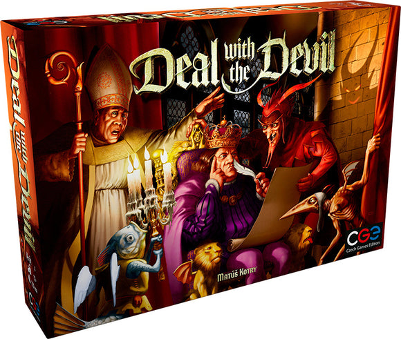 The box art of the board game 'Deal with the Devil' by Czech Games features a dramatic scene with a king pondering over a contract, flanked by a sinister devil and an alarmed cleric. The vibrant colors and intricate artwork create an enchanting atmosphere that hints at strategic deception and negotiations within the game.