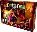 The game 'Deal with the Devil' by Czech Games features a vibrant box art depicting a dramatic medieval scene. It shows a king sitting in a throne, deep in thought, while a devil figure presents a contract. Surrounding them are characters like a bishop and various mythical creatures, set against the backdrop of a dimly lit castle interior.