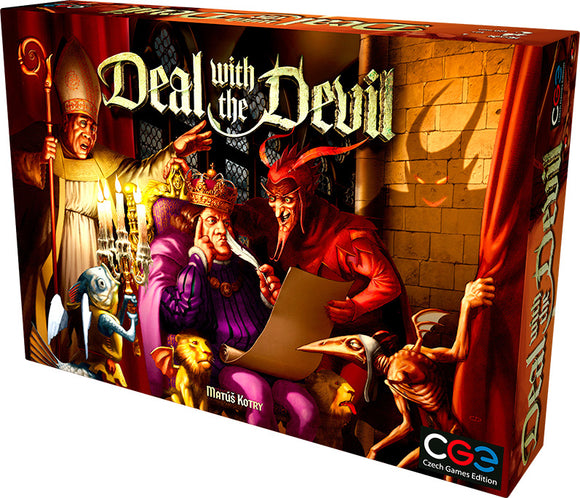 The game 'Deal with the Devil' by Czech Games features a vibrant box art depicting a dramatic medieval scene. It shows a king sitting in a throne, deep in thought, while a devil figure presents a contract. Surrounding them are characters like a bishop and various mythical creatures, set against the backdrop of a dimly lit castle interior.