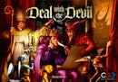 The game box of 'Deal with the Devil' by Czech Games, featuring vibrant artwork. The scene depicts a devil in red, a king in purple, and a frightened character in a church robe. The background showcases dark stone walls and candelabras, creating an atmosphere of intrigue and drama.
