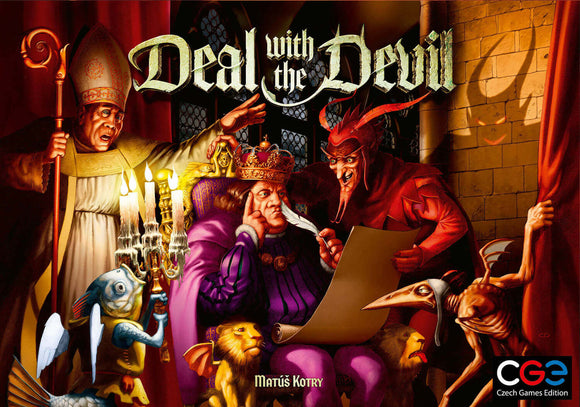 The game box of 'Deal with the Devil' by Czech Games, featuring vibrant artwork. The scene depicts a devil in red, a king in purple, and a frightened character in a church robe. The background showcases dark stone walls and candelabras, creating an atmosphere of intrigue and drama.