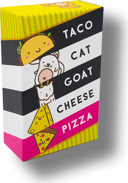 Taco Cat Goat Cheese Pizza game box featuring colorful and playful illustrations of a taco, a cat, a goat, cheese, and pizza slices. The box has a vibrant yellow and pink design, perfect for family gatherings and parties.