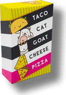 Taco Cat Goat Cheese Pizza game box featuring colorful and playful illustrations of a taco, a cat, a goat, cheese, and pizza slices. The box has a vibrant yellow and pink design, perfect for family gatherings and parties.
