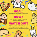 Colorful game box for Taco Cat Goat Cheese Pizza by Dolphin Hat Games featuring playful illustrations of animals, pizza, cheese, and vibrant text describing the game rules. The background is bright yellow with confetti motifs, creating an energetic and fun atmosphere.