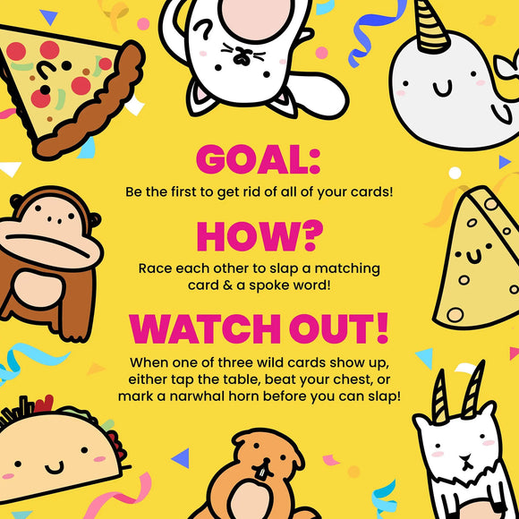 Colorful game box for Taco Cat Goat Cheese Pizza by Dolphin Hat Games featuring playful illustrations of animals, pizza, cheese, and vibrant text describing the game rules. The background is bright yellow with confetti motifs, creating an energetic and fun atmosphere.