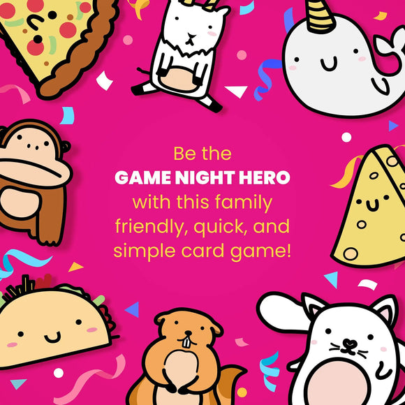 Colorful card game titled 'Taco Cat Goat Cheese Pizza' by Dolphin Hat Games, featuring cute illustrated characters like tacos, cats, and unicorns, set against a vibrant pink background with confetti. The text highlights the game as a family-friendly, quick, and simple card game.