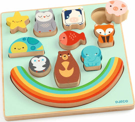 DJECO Puzz & Boom Rainbow puzzle featuring colorful wooden animal shapes including a cow, owl, bear, and rainbow, designed for toddlers to enhance motor skills and engage in imaginative play.