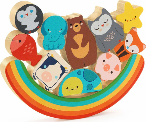 Puzz & Boom Rainbow by DJECO features a colorful wooden rainbow puzzle with cute animal figures including a penguin, elephant, bear, owl, and others, designed for interactive play and cognitive development.