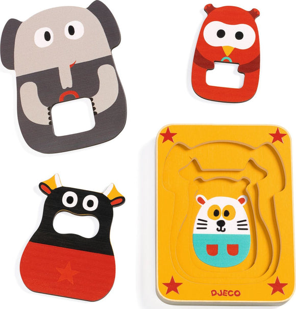 The Leo & Co 4 Layer Puzzle by DJECO features colorful, animal-shaped pieces, including an elephant, owl, and other playful designs. Each layer challenges young minds by fitting the pieces correctly into a sturdy, multi-layered puzzle base, perfect for developing fine motor skills and problem-solving abilities.