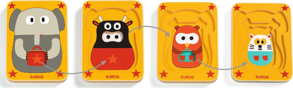 Leo & Co 4 Layer Puzzle by DJECO showcases colorful animal pieces including an elephant, a cow, an owl, and a mouse. Each layer features unique cut-out shapes, helping children develop fine motor skills and cognitive abilities while having fun assembling the puzzle.