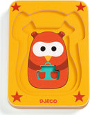 Leo & Co 4 Layer Puzzle by DJECO featuring an adorable red owl with big eyes, set against a bright yellow background with stars. Each layer reveals a different animal character, enhancing the visual appeal and educational value for children.