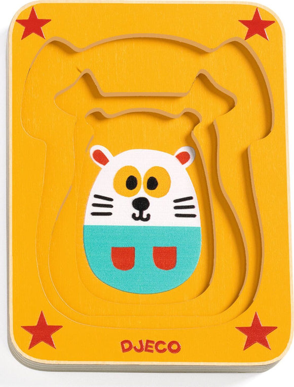 Leo & Co 4 Layer Puzzle by DJECO featuring colorful animal designs. The jigsaw puzzle is designed with multiple layers, enhancing depth and interest for young children. The puzzle showcases a playful character with bright colors on a yellow background, making it visually appealing and engaging for kids.