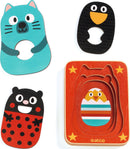 A colorful 4-layer jigsaw puzzle by DJECO featuring playful animal designs, including a blue cat, a black bird with a yellow beak, and a red ladybug with polka dots. The puzzle layers are stacked within a vibrant red base decorated with stars, creating a fun and engaging learning experience for children.
