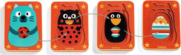 Max & Co 4 Layer Puzzle by DJECO featuring colorful animal shapes, including a cat, ladybug, penguin, and owl, designed for young children to encourage cognitive skills and hand-eye coordination through engaging play.