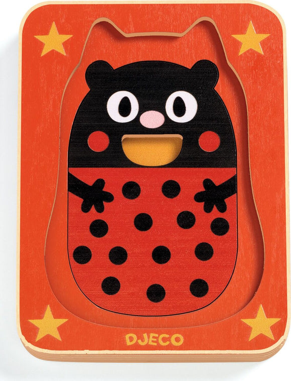 Max & Co 4 Layer Puzzle by DJECO, featuring a colorful wooden design with a cheerful ladybug character, perfect for developing fine motor skills and hand-eye coordination in children.