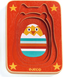 Max & Co 4 Layer Puzzle by DJECO featuring a colorful, layered jigsaw puzzle design. The puzzle showcases a cheerful owl character with vibrant colors on a red background, surrounded by playful star motifs.