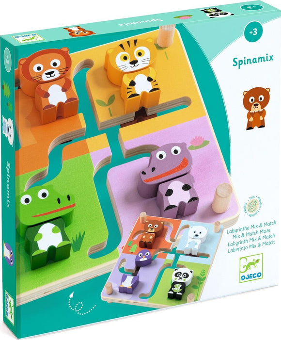 Spinamix by DJECO is a colorful, interactive maze game designed for children aged 3 and up. It features cute animal figures including a lion, tiger, hippo, frog, and panda that fit into their respective spots on a vibrant board. The game promotes fine motor skills, problem-solving, and imaginative play.