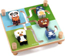 A colorful interactive puzzle featuring cute wooden animal characters, including a panda, penguin, bear, and another panda, located within a green and blue base. Each character is designed to fit into specific slots, promoting fine motor skills and imaginative play.