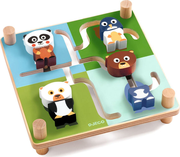 A colorful interactive puzzle featuring cute wooden animal characters, including a panda, penguin, bear, and another panda, located within a green and blue base. Each character is designed to fit into specific slots, promoting fine motor skills and imaginative play.