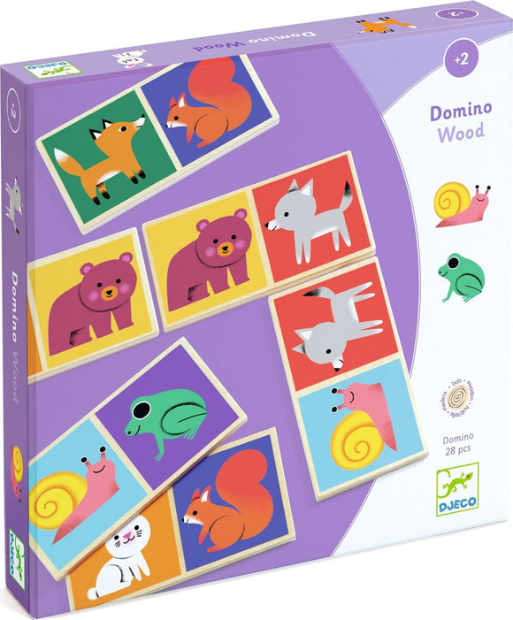 Colorful wooden dominoes in a box featuring playful animal illustrations. The game includes 28 pieces with images of a frog, fox, squirrel, bear, and more. Ideal for children aged 2 and up, promoting memory and matching skills.