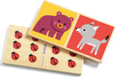 DJECO Domino Wood set featuring colorful animal illustrations. Includes tiles with a purple bear on a yellow background and a gray wolf on a red background, adorned with ladybug designs on other tiles.