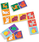 DJECO's Domino Wood game features colorful animal-themed domino pieces laid out in a playful arrangement. Each piece showcases adorable illustrations including a fox, squirrel, rabbit, bear, and more, designed to engage young players in fun and educational gameplay while enhancing motor skills and cognitive abilities.