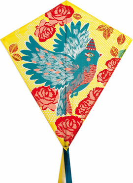 A vibrant bird-shaped kite featuring a striking teal and red design, set against a yellow background adorned with red roses and playful patterns. The kite has a long, colorful tail and is ideal for outdoor activities and family fun.