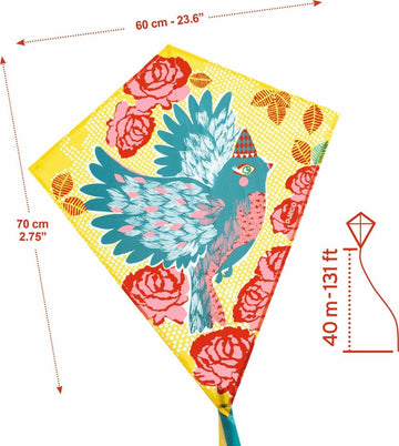 Colorful bird kite featuring a vibrant design with a bird and floral patterns on a bright yellow background. The kite measures 60 cm (23.6 inches) wide and 70 cm (2.75 inches) tall, perfect for outdoor fun. Includes a string holder allowing for up to 40 meters (131 feet) of flying line.